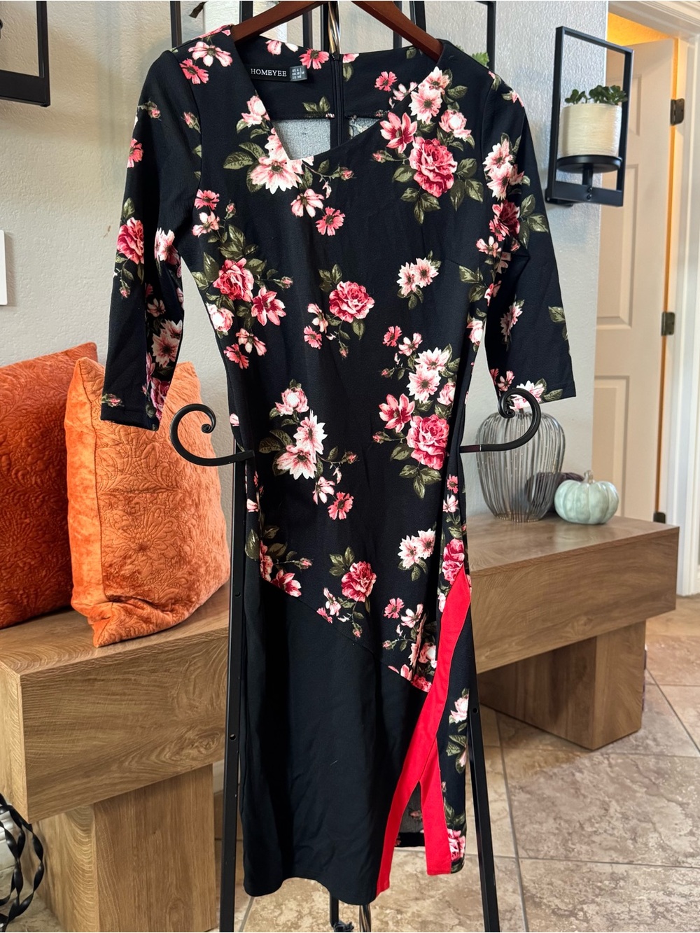 Floral Black and Pink Midi Dress by RomyBell